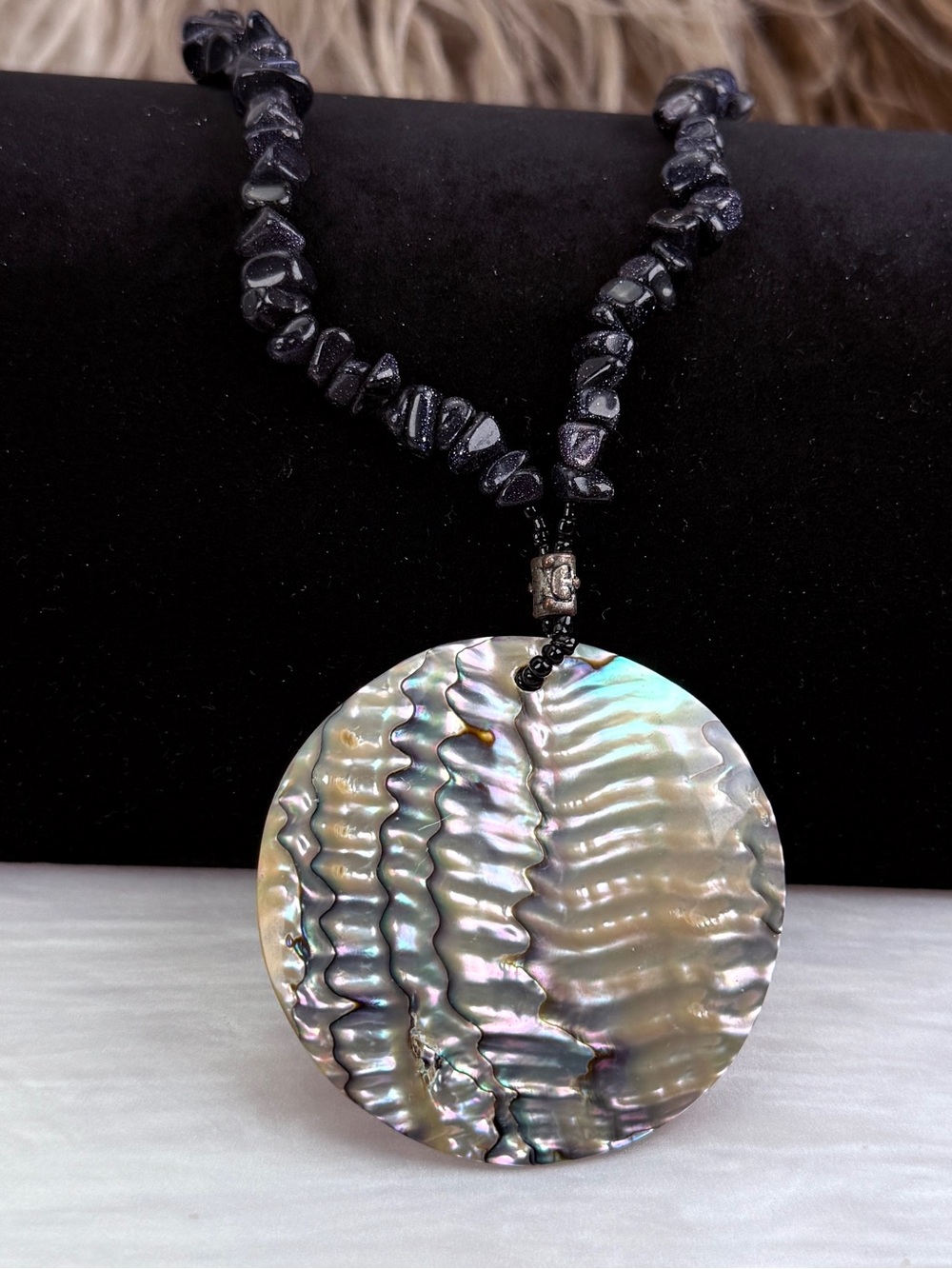 Vintage Blue Goldstone Chip Necklace Abalone Shell Statement Pendant